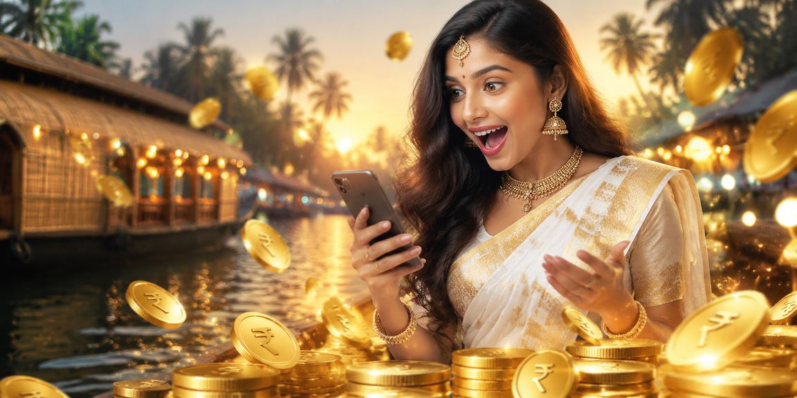Kerala backwaters at sunset with leisure and gambling theme