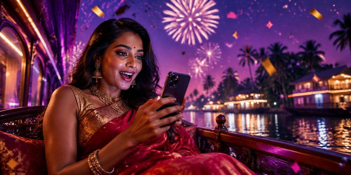 Kerala backwaters with casino VIP bonus scene in colorful saree